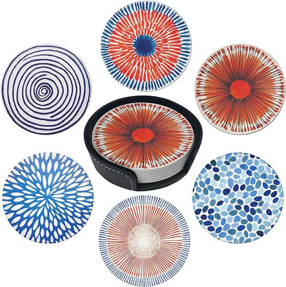 Mid Century Coasters Leather Round Drink Coasters 6 Pcs Set with Holderor for Cup Drink Coffee Table Bar Home Decor