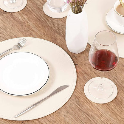 Set of 6 Faux Leather Round Placemats and Coasters, Coffee Mats Kitchen Table Mats, Waterproof, Easy to Clean for Kitchen Dining Round Table