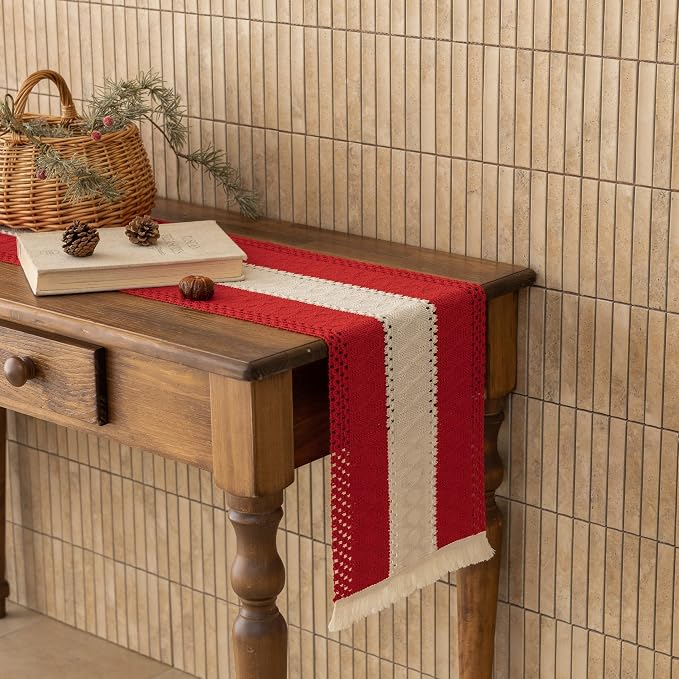 Keketoarrange Christmas Red Boho Table Runner 12x72 Inch | Woven Burlap - Image 6