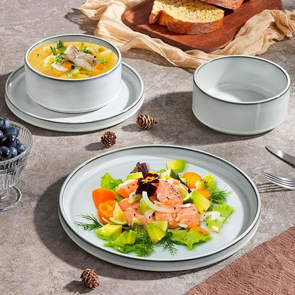 Herogo 24 Pieces Stoneware Dinnerware Set for 8, Ceramic Dinner Dishware Sets for Home Kitchen, Plates and Bowls with Rustic Terracotta Bottom, Dishwasher & Microwave Safe, Icy White