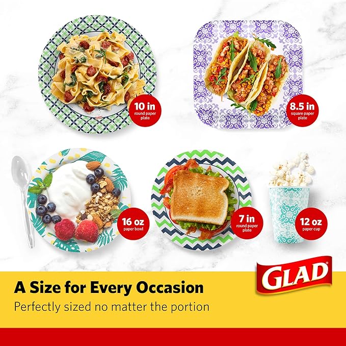 Glad Square Disposable Paper Plates, Grey Victorian Pattern - Strong, Sturdy, Soak Proof, and Microwavable Decorative Plates for Dinner and Everyday Use, 7 Inch, 50 Count