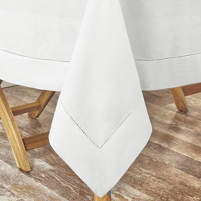 D'Moksha Homes White Linen Tablecloth for Rectangle Tables 60 x 140 Inch - Classic Hemstitch 100% Pure Linen White Tablecloth - Machine Washable Cloth Table Cloth for Valentines, Spring, Easter