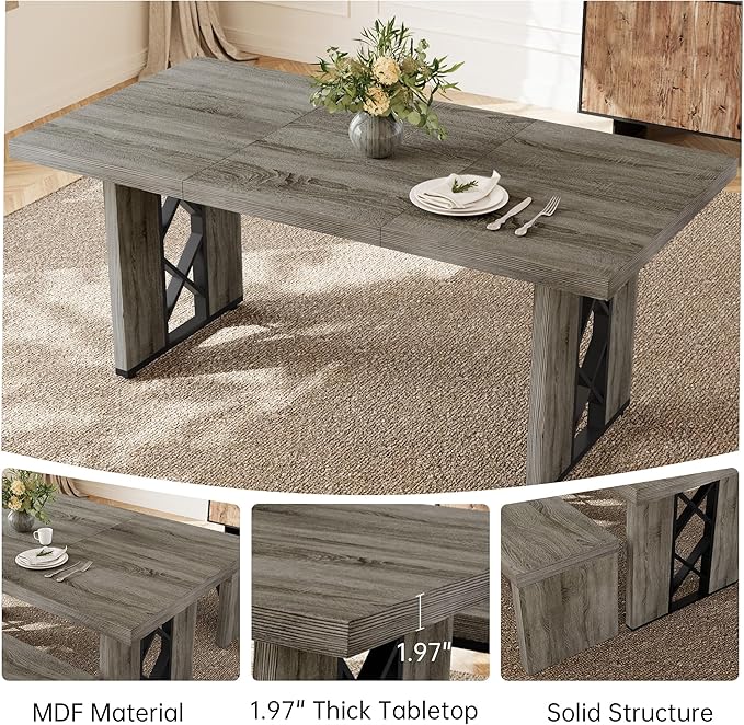 70.8" Farmhouse Dining Table for 6 People, Large Rectangle Kitchen Table with Heavy Duty Legs, Industrial Dining Room Furniture for Dinner, Grey