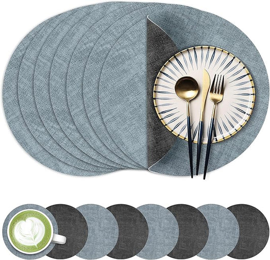 13-Inch Faux Leather Round Placemats Set of 8, Waterproof Anti-Slip Dual Sided Place mats, Heat Resistant Washable Table Mats with Coaster, Suitable for Indoor & Outdoor (8, Black Light Blue)