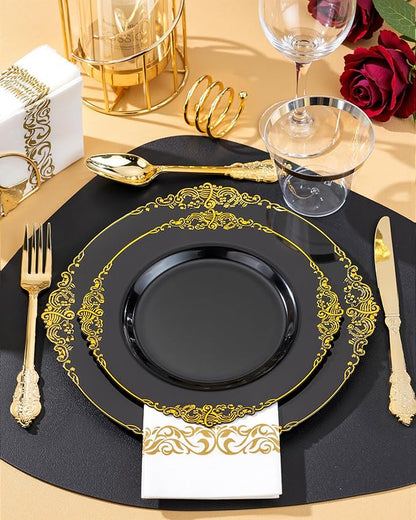 Nervure 350PCS Black Plastic Plates - Black Plastic Dinnerware Sets for 50 Guests - 100 Disposable Plates, 150 Gold Silverware, 50 Cups, 50 Napkins for Wedding & Party & New Year