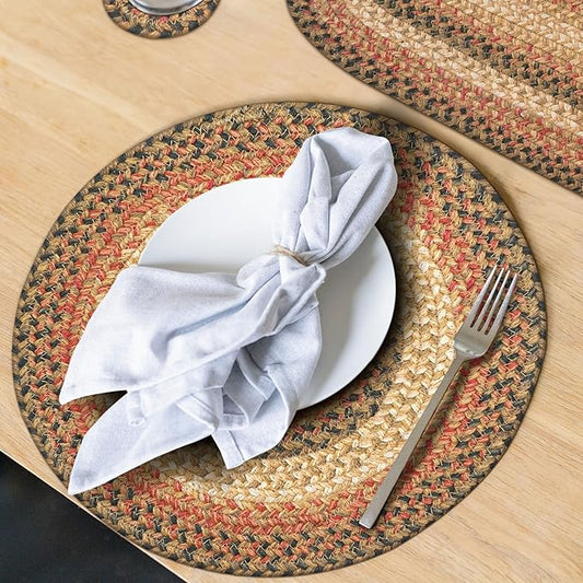 Homespice Russet Round Braided Placemats, Warm Country Decor, Set of 2, 15", Multicolor Jute Table Mats - Vibrant Colors, Durable, Easy to Clean and Protects Furniture