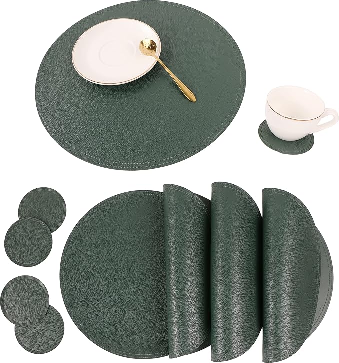 Jovono Faux Leather Round Placemats and Coasters, Wipeable Table Mats, Double by JOVONO