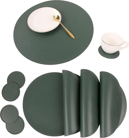 Jovono Faux Leather Round Placemats and Coasters, Wipeable Table Mats, Double by JOVONO