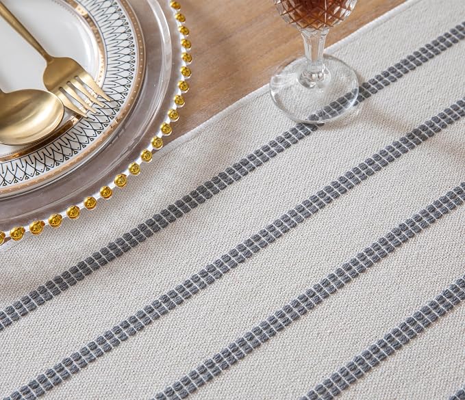 Caflife Boho Table Runner 72 Inchs Long Grey and Beige, Cotton and Linen Woven - Image 4