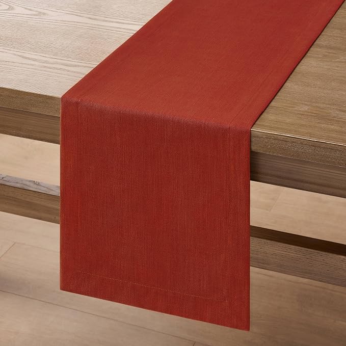 Linen Textured Border Table Runner, 14 x 72 Inch Orange | Mitered Corner Design - Image 7