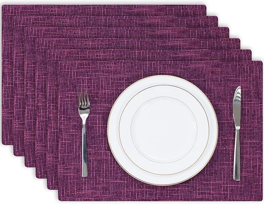 Kevin Textile Burlap Linen Placemats Set of 6 Heat Resistant Dining Table Place Mats Washable Kitchen Table Mats for Dinning Party Holiday Indoor Outdoor, 13 x19 inches, Red Purple