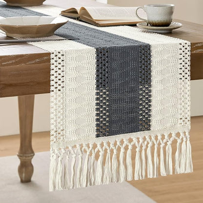 Macrame Style Bicolor Stitching Table Runner 14x36in Charcoal | Woven Boho by ZEEMARTONLINE