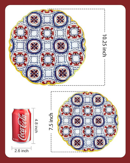 Morejoy 60pcs Plastic Disposable Plates Set - White Plastic Plates Featuring Classic Blue & Red Kaleidoscope Patterns With Gradient Gold Trim.10.25 Dinner Plates & 7.5 Dessert Plates for Wedding,Party