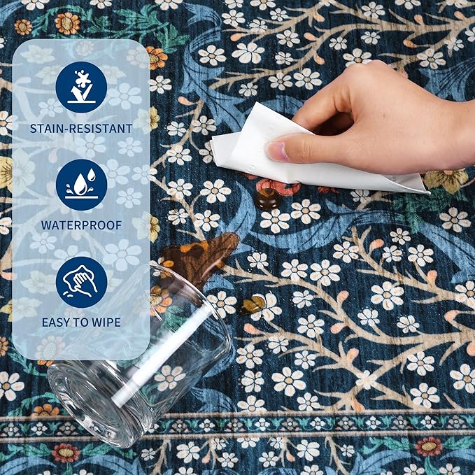 GarveeHome 8x10 Area Rugs, Washable Rugs for Living Room Non Slip Stain Resistant Ultra Soft Floral Rug, Boho Carpet Floor Mat for Bedroom Dining Room Nursery Playroom Office, Dark Blue