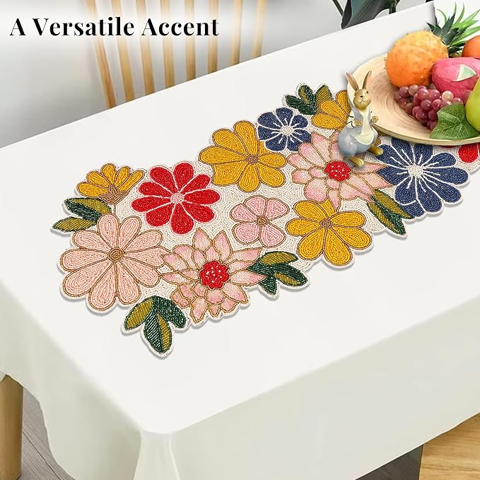 Yellow Red Beaded Table Runner, 13 x 36 | 85% glass beads, 15% polyester backing - Image 3
