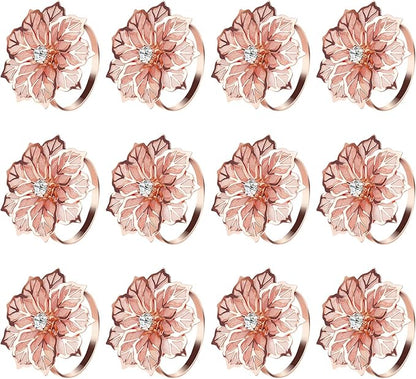 KPOSIYA Flower Napkin Rings Holder Metal Rose Gold Napkin Rings Set of 12 for Wedding Party Holiday Banquet Christmas Dinner Delicate Serviette Buckles Decor Favor (12, Rose Gold)