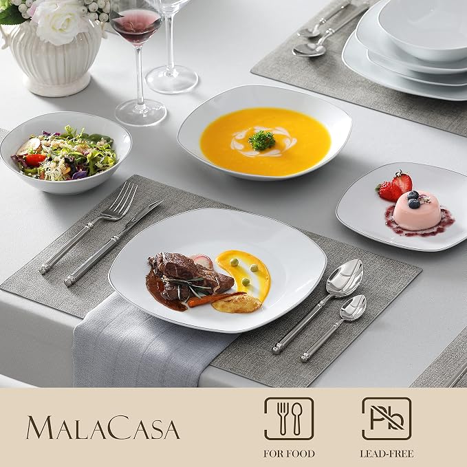 MALACASA Dinnerware Sets, 24 Piece Porcelain Square Dishes, Ceramic Dish Set - Image 3