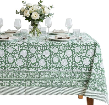 ATOSII Shalimar Green 100% Cotton Spring Summer Tablecloth, Handblock Print Rectangle Table Cover for Dining, Parties, Wedding, Outdoors, Easter Table Cloth I 72 X 140 Inches I 12 Seater