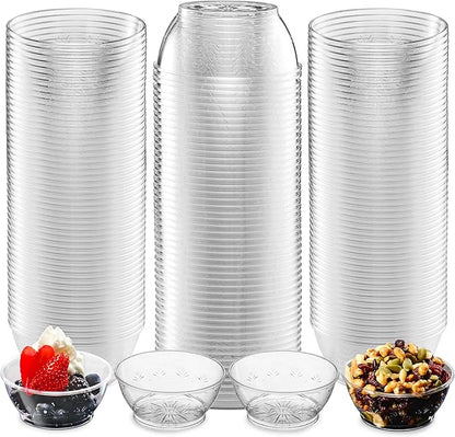 JoyServe Clear Mini Plastic Bowls - (Bulk 100 Pack) 6 Oz Disposable Premium Hard Plastic Dessert Bowls for Serving, Weddings, Catering, Parties, Salsa, Home or Event Party Supplies