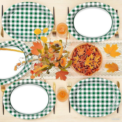 50Pcs Spring Gingham Oval Paper Plates 10" x 12" Large Disposable Heavy Duty Green White Buffalo Checked Plaid Dessert Platters Plates for Spring Birthday Picnic BBQ Party Supplies