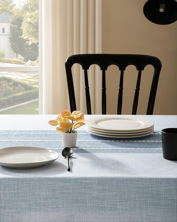ZeeMart Contrast Linen Round Tablecloth 52 Inch Blue, Farmhouse Style Round Table Cloth Heavy Weight Dusty Blue Tablecloths, Water Resistant Burlap Table Cloths