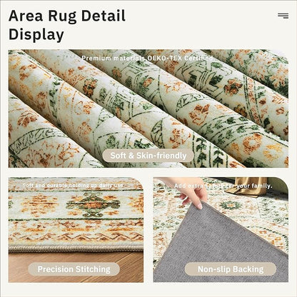 Washable Area Rug 8x10, Large Soft Rugs for Living Room Green Yellow Carpet 8x10 Area Rugs for Bedroom Dining Room Non-Slip Stain Resistant Rug