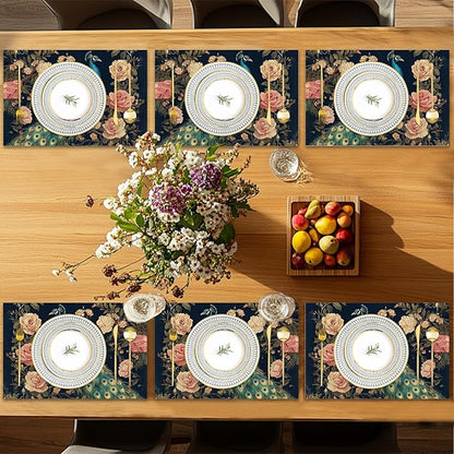 Peacock Placemats Set of 6,Floral Waterproof Non-Slip Washable Table Mats for Kitchen Dining Holiday Party Wedding Decor 12x18 Inch