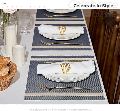 Leetaltree Luxury Dark Blue Placemats with Gold Stripes Placemats Set of 8 - Waterproof Washable for Wedding, Anniversary, Daily Use - Sparkling Table Decor - Hand-Cut