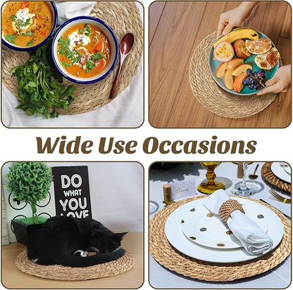 Kochorie Set of 12 Round Woven Placemats 15 Inch Bulrush Placemats Natural Handwoven Boho Rattan Wicker Table Mats for Farmhouse & Home Dining