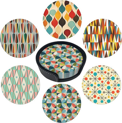 Middle Ages Coasters Leather Round Drink Coasters 6 Pcs Set with Holderor for Cup Drink Coffee Table Bar Home Decor