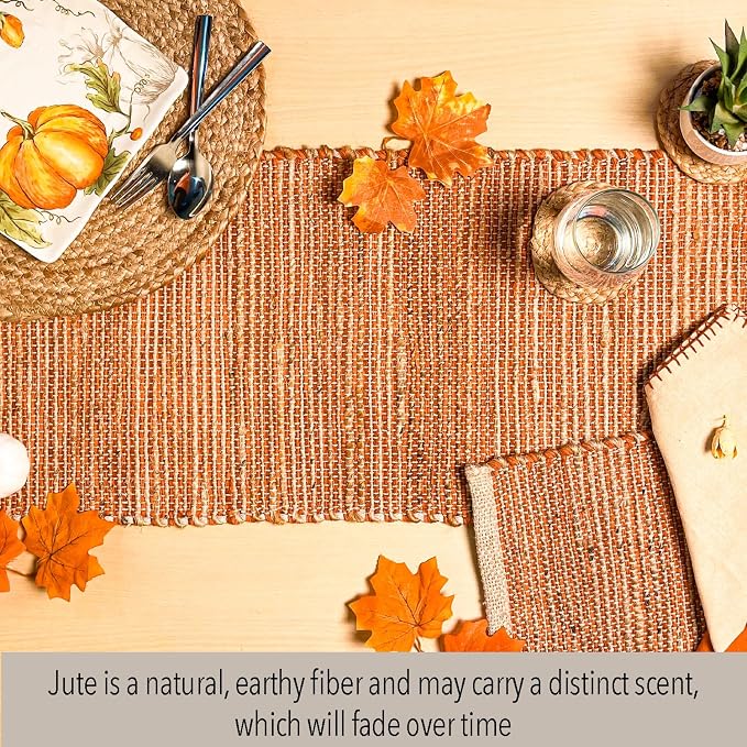 Natural Jute Table Runner, 13x48 Inch, Rust Orange | Vintage Boho Rustic Table - Image 2