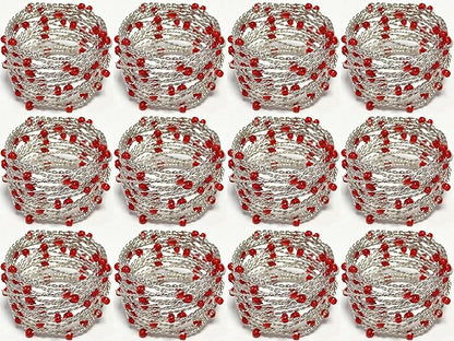 Silver Red Beaded Napkin Ring Set of 12 - Beautiful Fancy Elegant Decorative Napkin Holder for Dinner Table Decoration, Christmas, Farmhouse, Wedding, Party, Family Gathering, New Year & Everyday Use