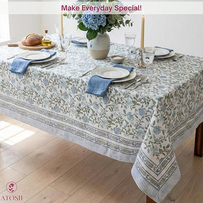 ATOSII Mahoka Blue 100% Cotton Rectangle Spring Tablecloth, Handblock Floral Linen Table Cloth for Kitchen Dining Table I Parties Weddings Outdoors Easter Home Decor 72 X 140 Inches I 12 Seater