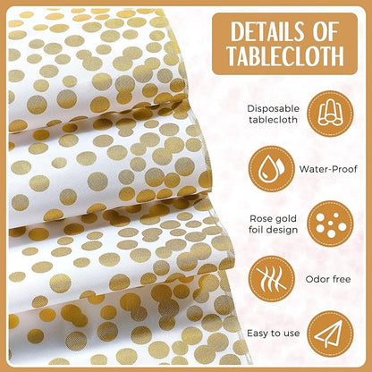 Breling 8 Pack White and Gold Disposable Plastic Tablecloths and Satin Table Runner Set, 54 x 108 Inch Tablecloth, 12 x 108 Inch Table Runners for Wedding First Communion Baby Shower Graduation