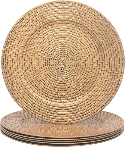 13 Inch Antique Gold Charger Plates Set of 6 Round Plastic Plates Matte Finish Faux Rattan Woven Texture Charger plates for Wedding Party Christmas