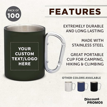 Custom Stainless Steel Mugs with Carabiner Handle 10 oz. Set of 100, Personalized Bulk Pack - Perfect for Coffee, Soda, Other Hot & Cold Beverages - Army Green