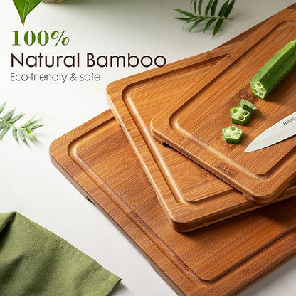 Astercook Deep-Carbonized Bamboo Cutting Boards for Kitchen with Wood Storage Stand, Reversible Charcuterie & Chopping Boards with Juice Grooves and Easy-Grip Handles, Knife-Friendly, Kitchen Gift