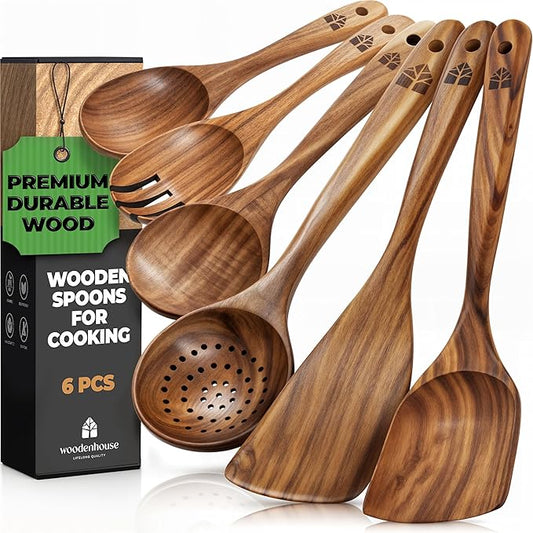 Wooden Spoons for Cooking – Wooden Kitchen Utensils Set, 6 Pcs Teak Wood Utensil Set – Comfortable Grip Non–Stick Wooden Cooking Utensils