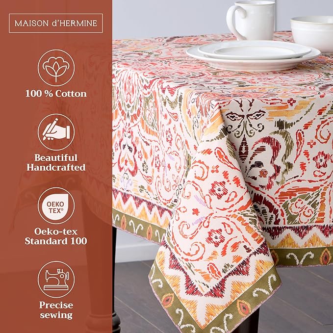 Maison d' Hermine Table Cloth Rectangle Table 100% Cotton 70 x 140 Inches Fall Tablecloth Reusable Everyday Use for Thanksgiving Christmas Decorations Dining Farmhouse Party (Damask)