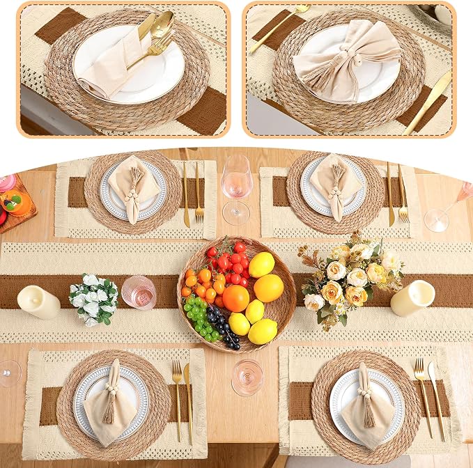 4 Sets Boho Decoration Placemats Round Woven Placemats, Cloth Napkins, Wood - Image 6