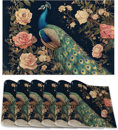 Peacock Placemats Set of 6,Floral Waterproof Non-Slip Washable Table Mats for Kitchen Dining Holiday Party Wedding Decor 12x18 Inch