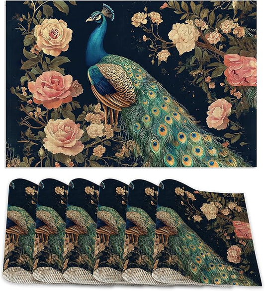 Peacock Placemats Set of 6,Floral Waterproof Non-Slip Washable Table Mats for Kitchen Dining Holiday Party Wedding Decor 12x18 Inch