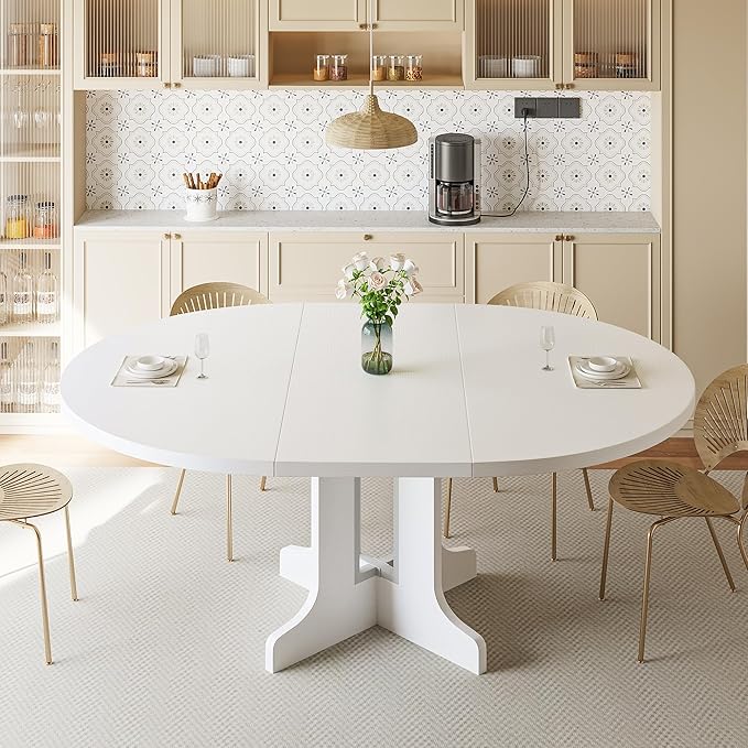 iPormis 59" Round Extendable Dining Table for 4-6, Modern Kitchen Table with Heavy Duty Pedestal Base & Wooden Top, Oval Dining Room Table for Dining Living Room, Easy Assembly, White
