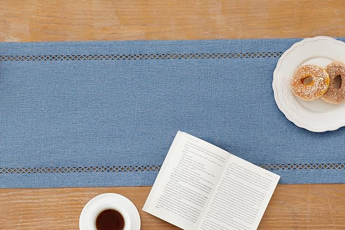 Rustic Burlap Table Runner, Machine Washable, Thick Textured Lattice Cutwork - Image 3