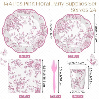 Kochorie 144 Pieces Pink Floral Paper Plates and Napkins Party Supplies - Image 2