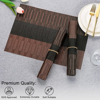 Placemats Set of 8, Vinyl Woven Place Mats Indoor Set of 8 Washable Wipeable PVC Table Mats Heat-Resistant Non Slip Plastic Placemat for Kitchen Dining Outdoor Table (Black Brown, Set of 8)