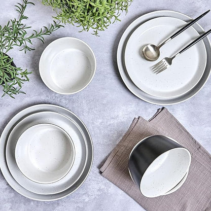 Sango 12-Piece Stoneware Dinnerware Set for 4, Modern White & Black Plates and Bowls Sets with Speckled Glaze, Durable Kitchen Ceramic Dish Set, Microwave & Dishwasher Safe Everyday Dishes, Stockholm