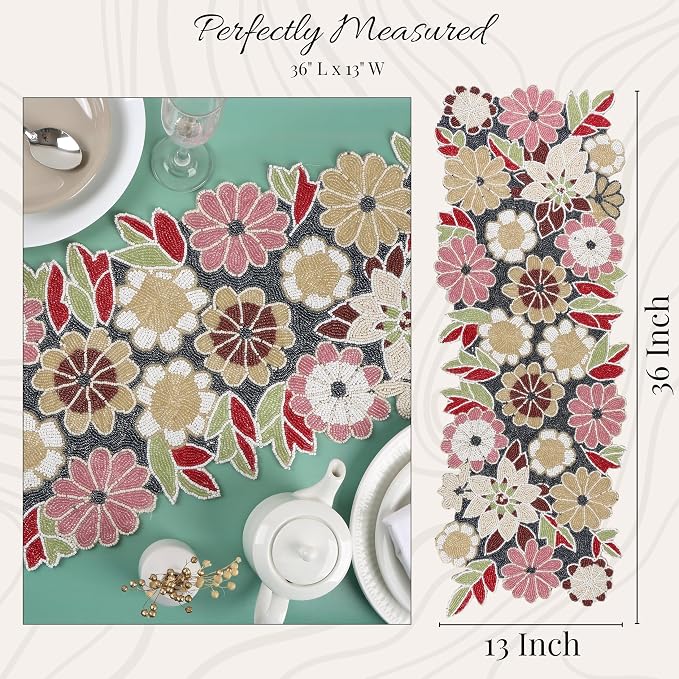 Floral Beaded Table Runner, 13x36 | Handcrafted glass beads, polyester backing - Image 4