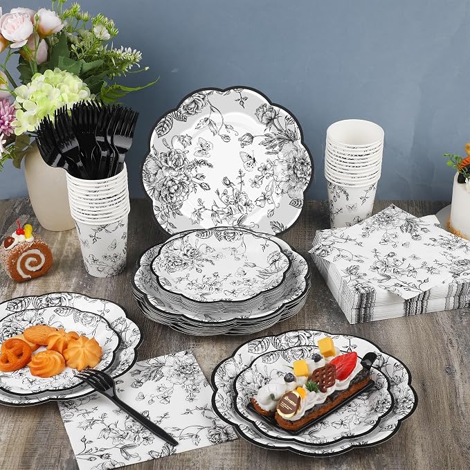 Kochorie 144 Pieces Black Floral Paper Plates and Napkins Party Supplies - Image 4