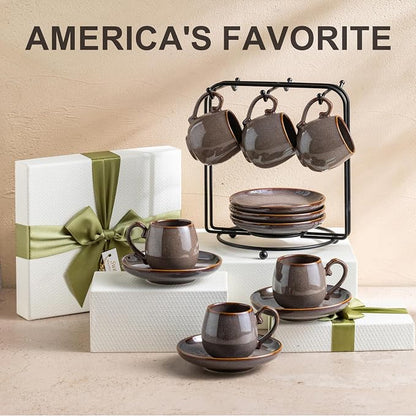 LYEOBOH 3 Ounce Espresso Cups and Saucers Set of 6, Ceramic Small Coffee Cups - Image 4